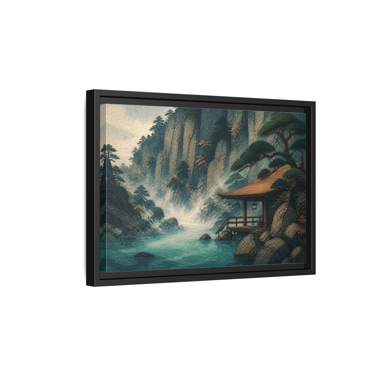 Side Mockup 6. Hot Spring Beneath Cliffs shown as framed canvas print