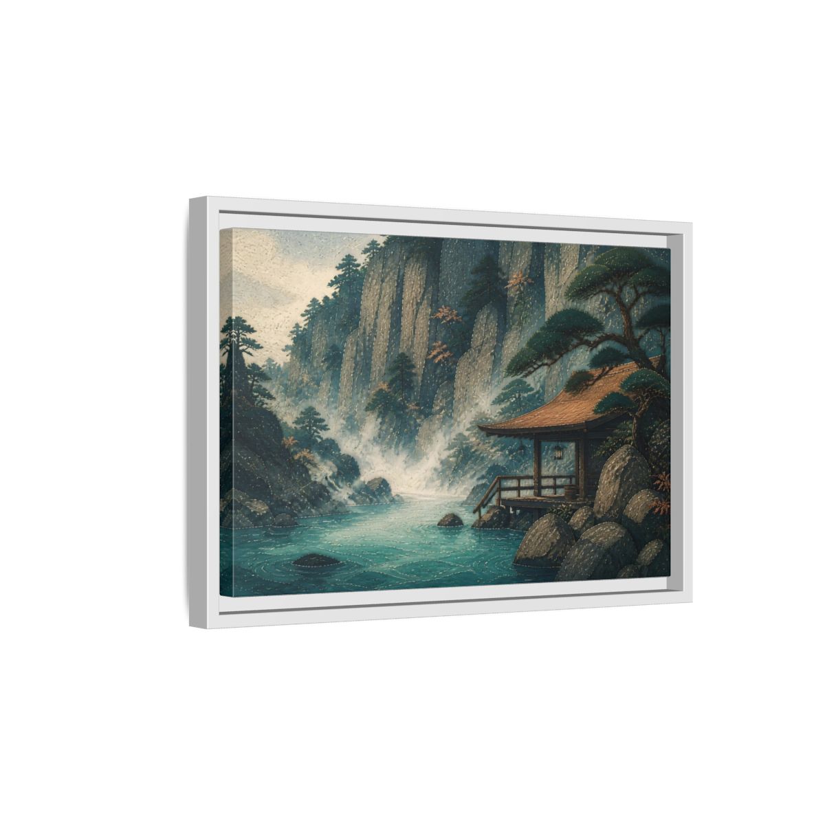 Side Mockup 4. Hot Spring Beneath Cliffs shown as framed canvas print