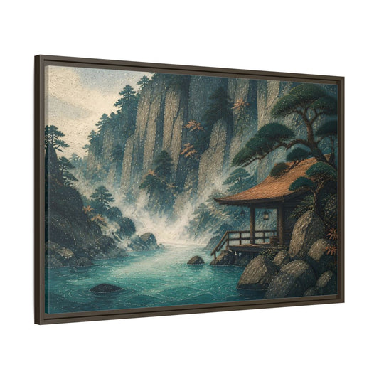 Main Mockup. Hot Spring Beneath Cliffs shown as framed canvas print