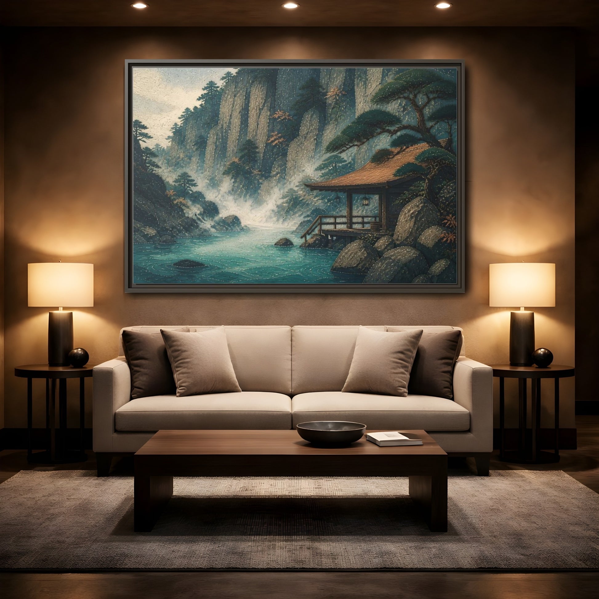 Mockup 2. Hot Spring Beneath Cliffs shown as framed canvas print