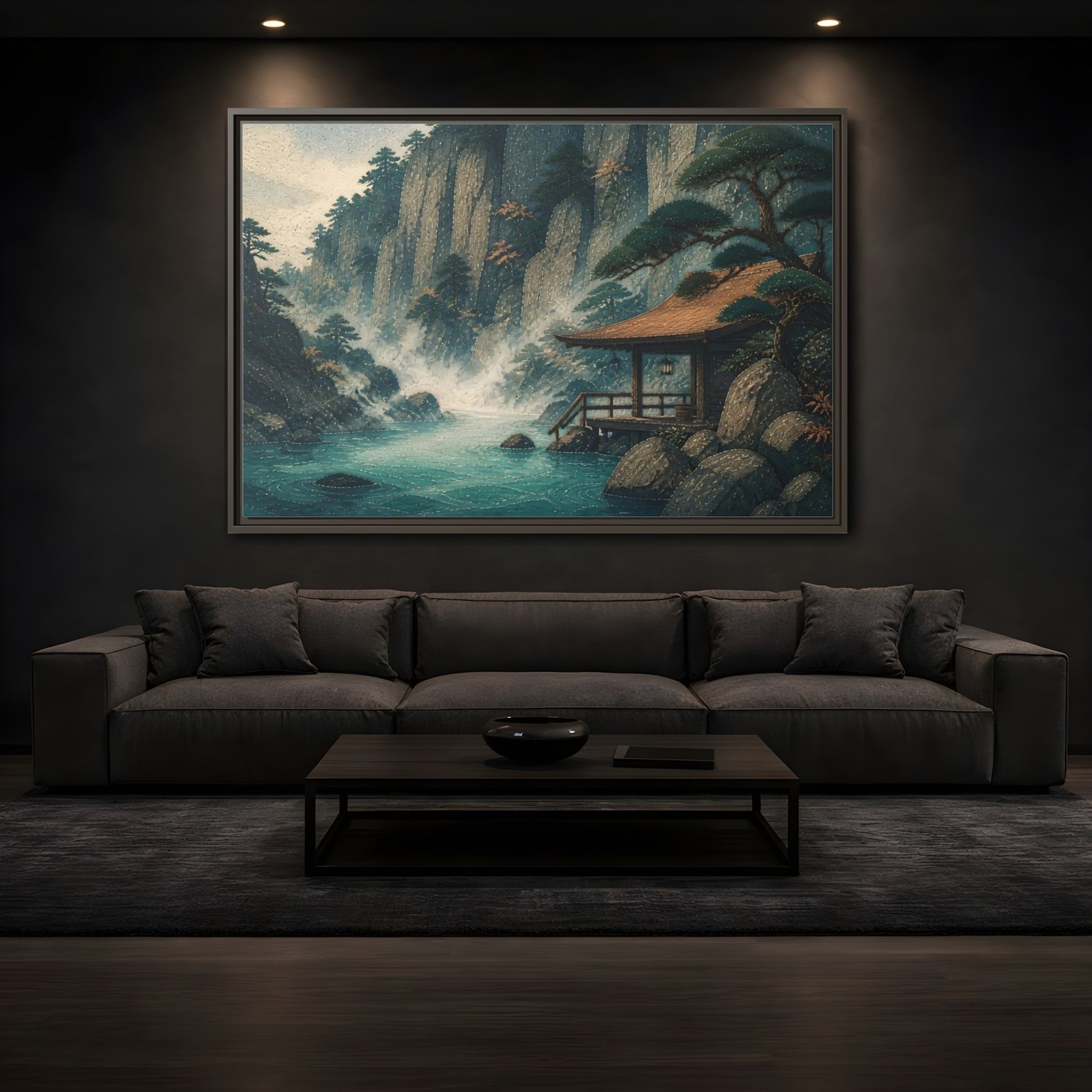 Mockup 3. Hot Spring Beneath Cliffs shown as framed canvas print