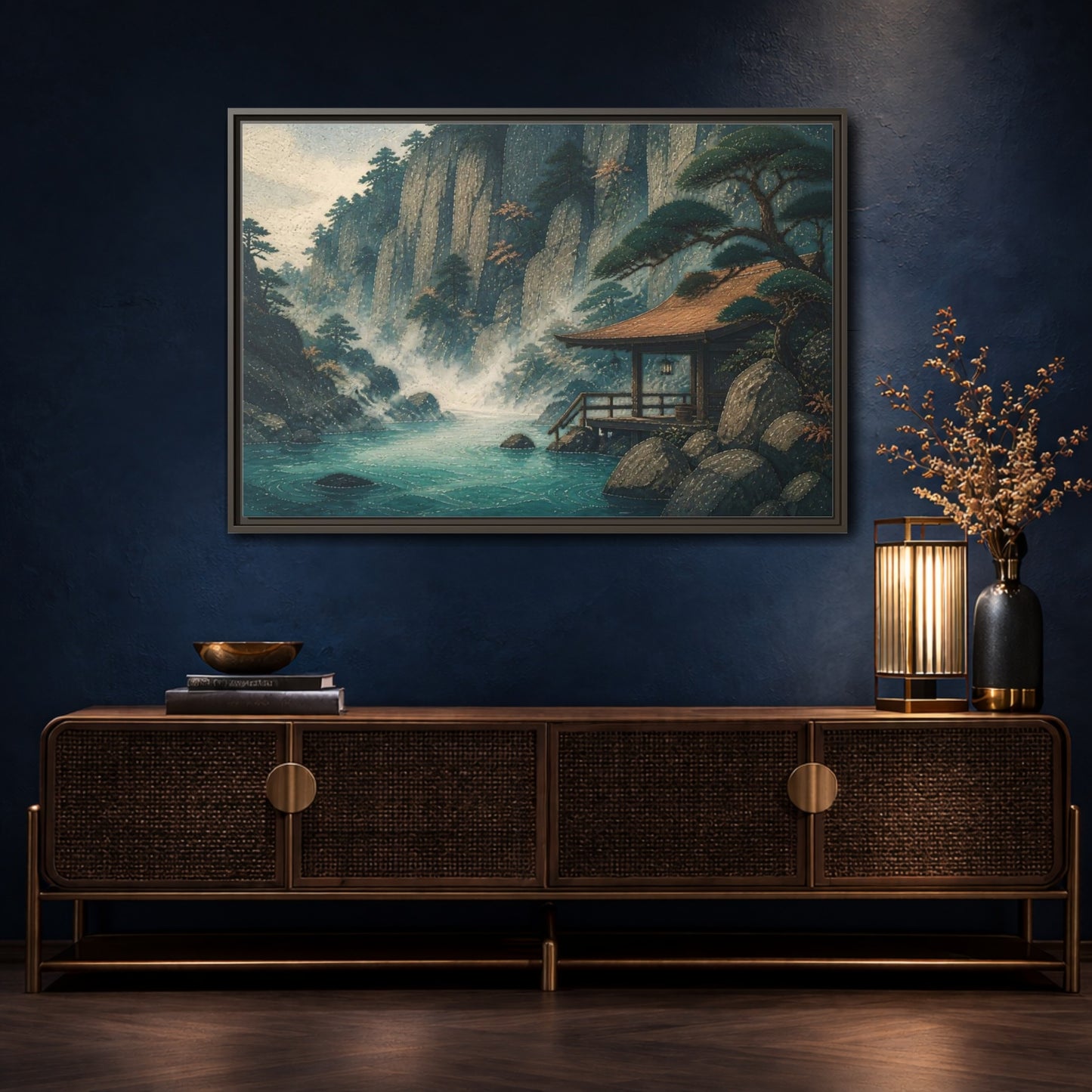Mockup 4. Hot Spring Beneath Cliffs shown as framed canvas print