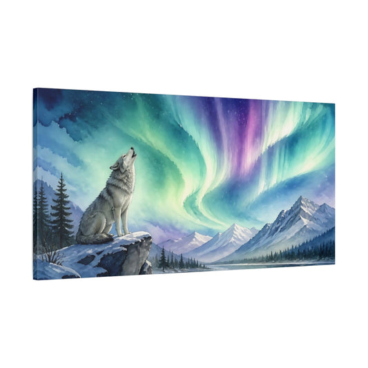 Main Mockup. Howling Wolf Under Aurora shown as canvas print