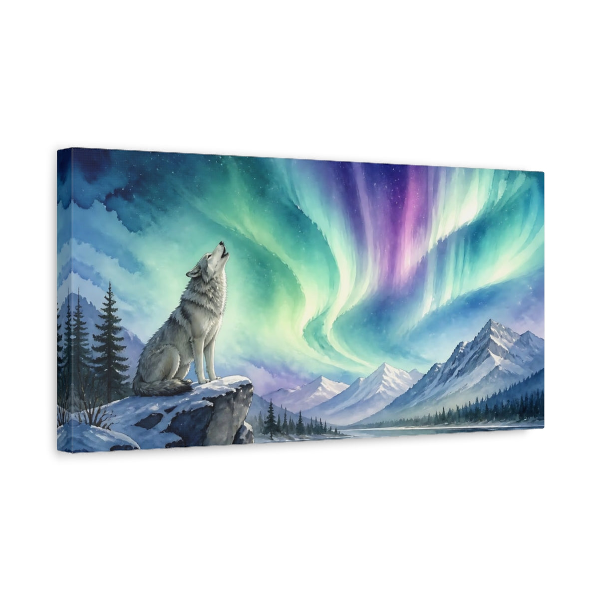 Side Mockup 3. Howling Wolf Under Aurora shown as canvas print