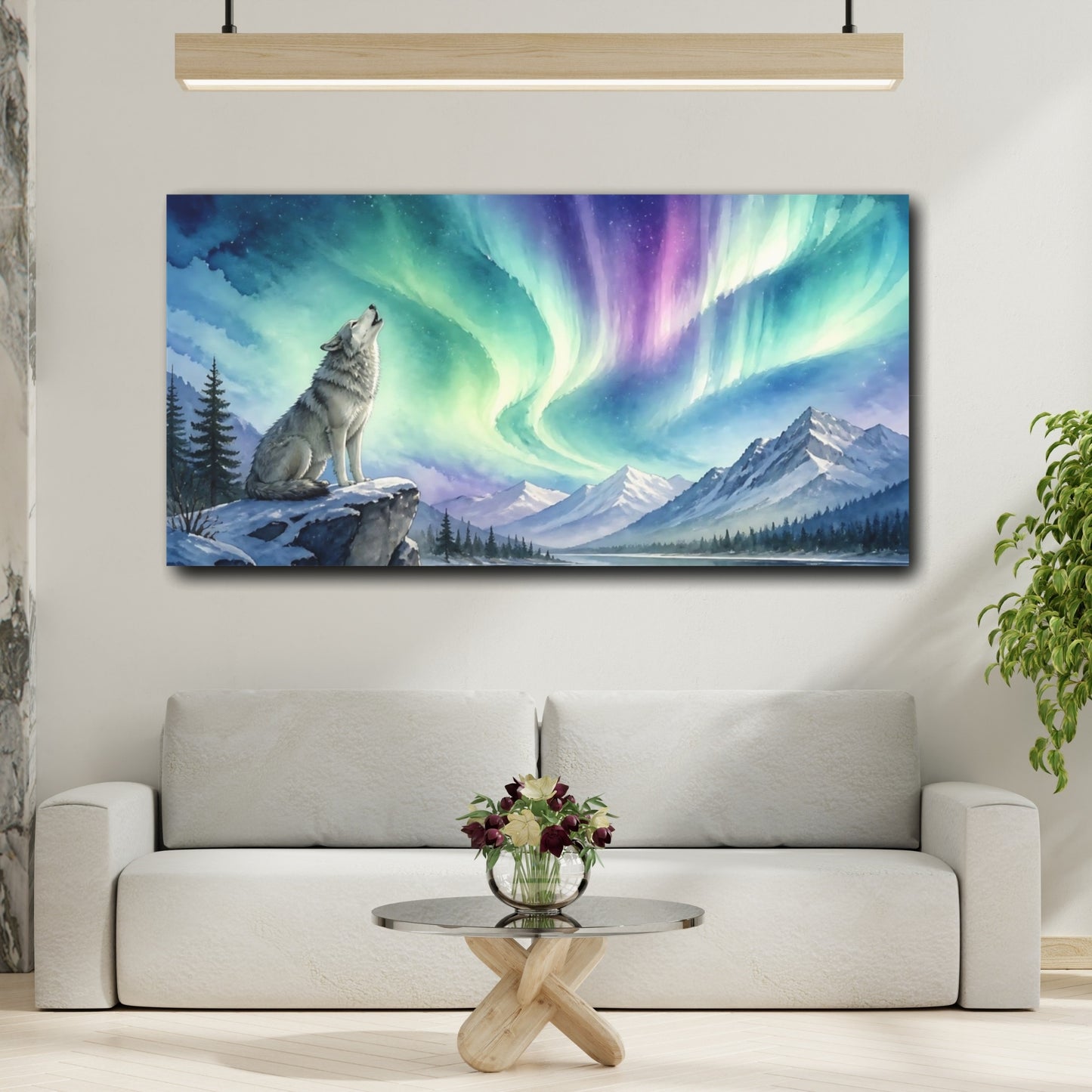 Mockup 2. Howling Wolf Under Aurora shown as canvas print