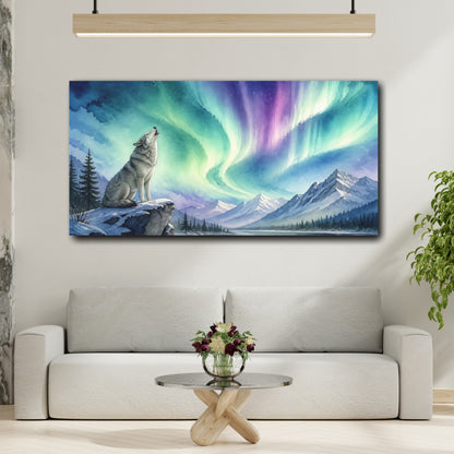 Mockup 2. Howling Wolf Under Aurora shown as canvas print