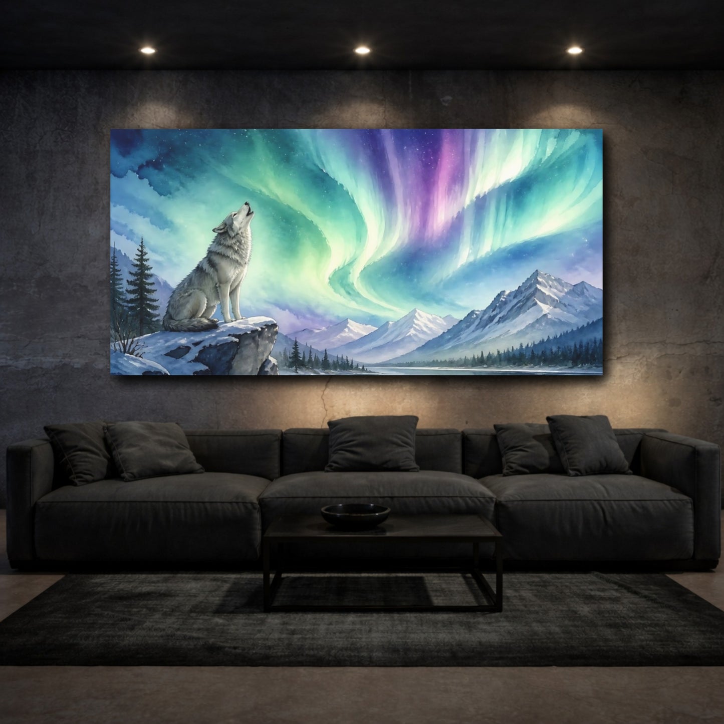 Mockup 3. Howling Wolf Under Aurora shown as canvas print