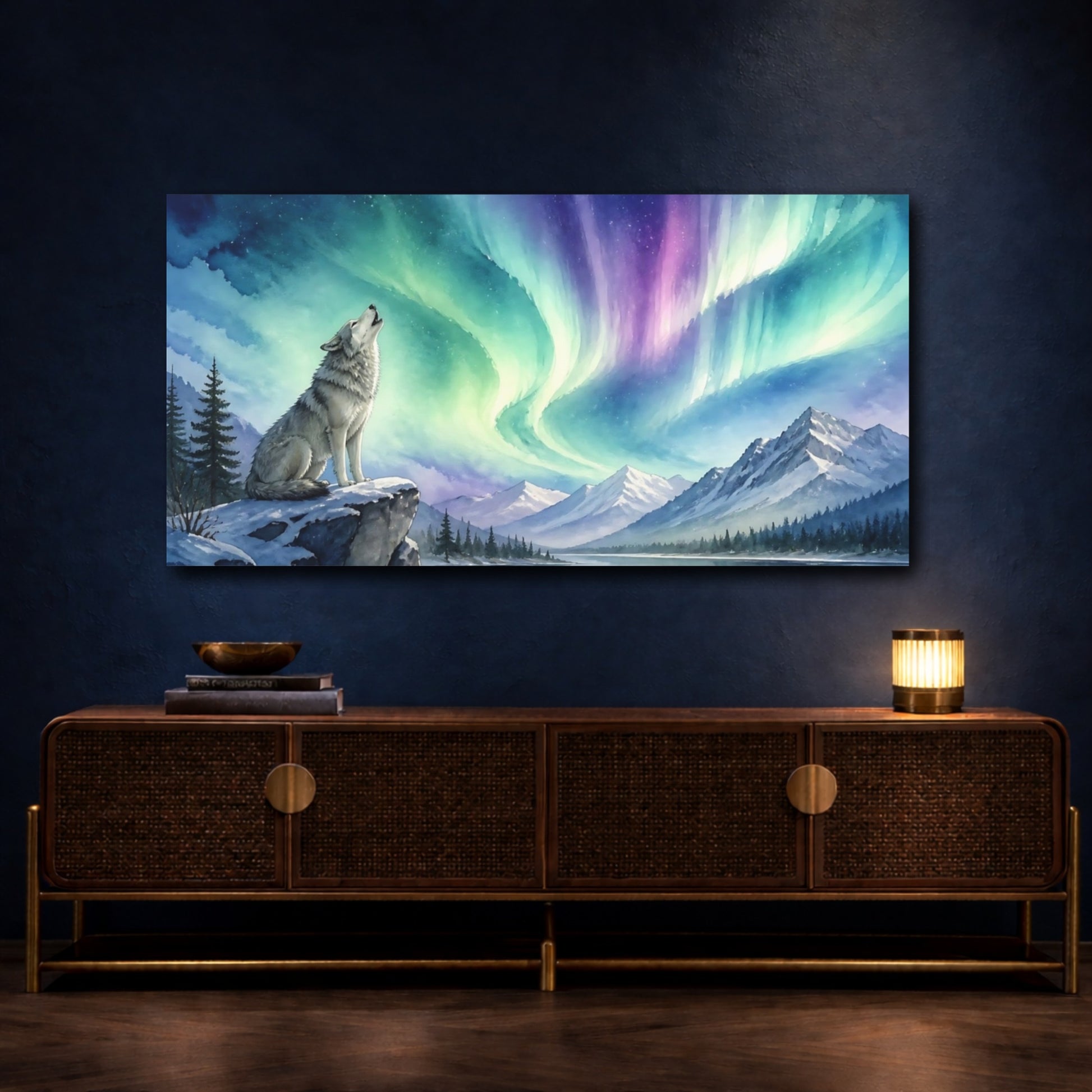 Mockup 4. Howling Wolf Under Aurora shown as canvas print