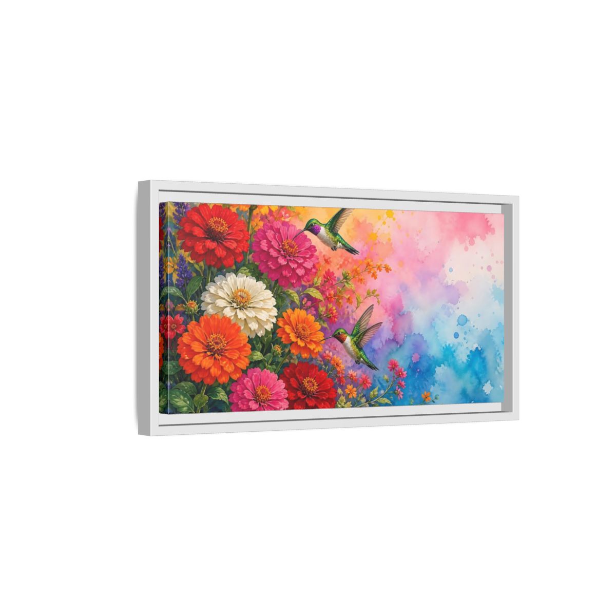Side Mockup 6. Hummingbirds In Bloom shown as framed canvas print