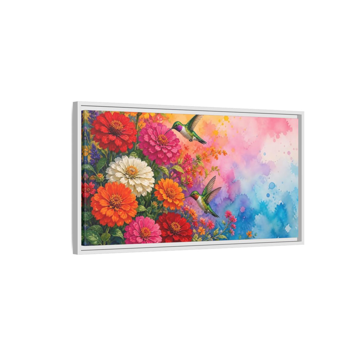 Side Mockup 1. Hummingbirds In Bloom shown as framed canvas print