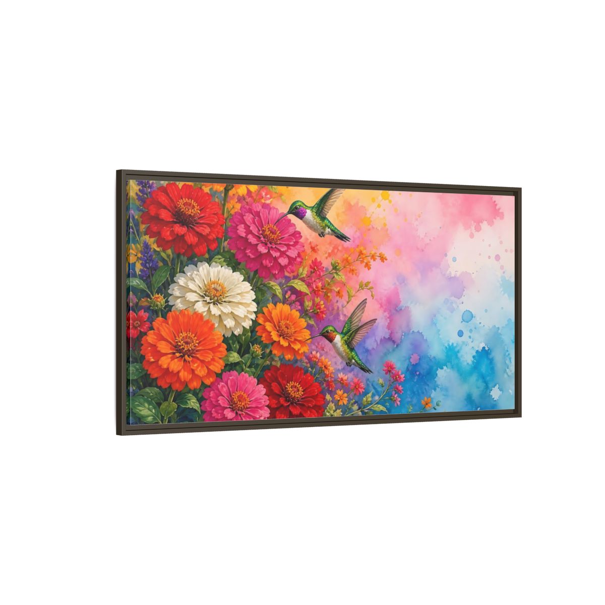 Side Mockup 4. Hummingbirds In Bloom shown as framed canvas print