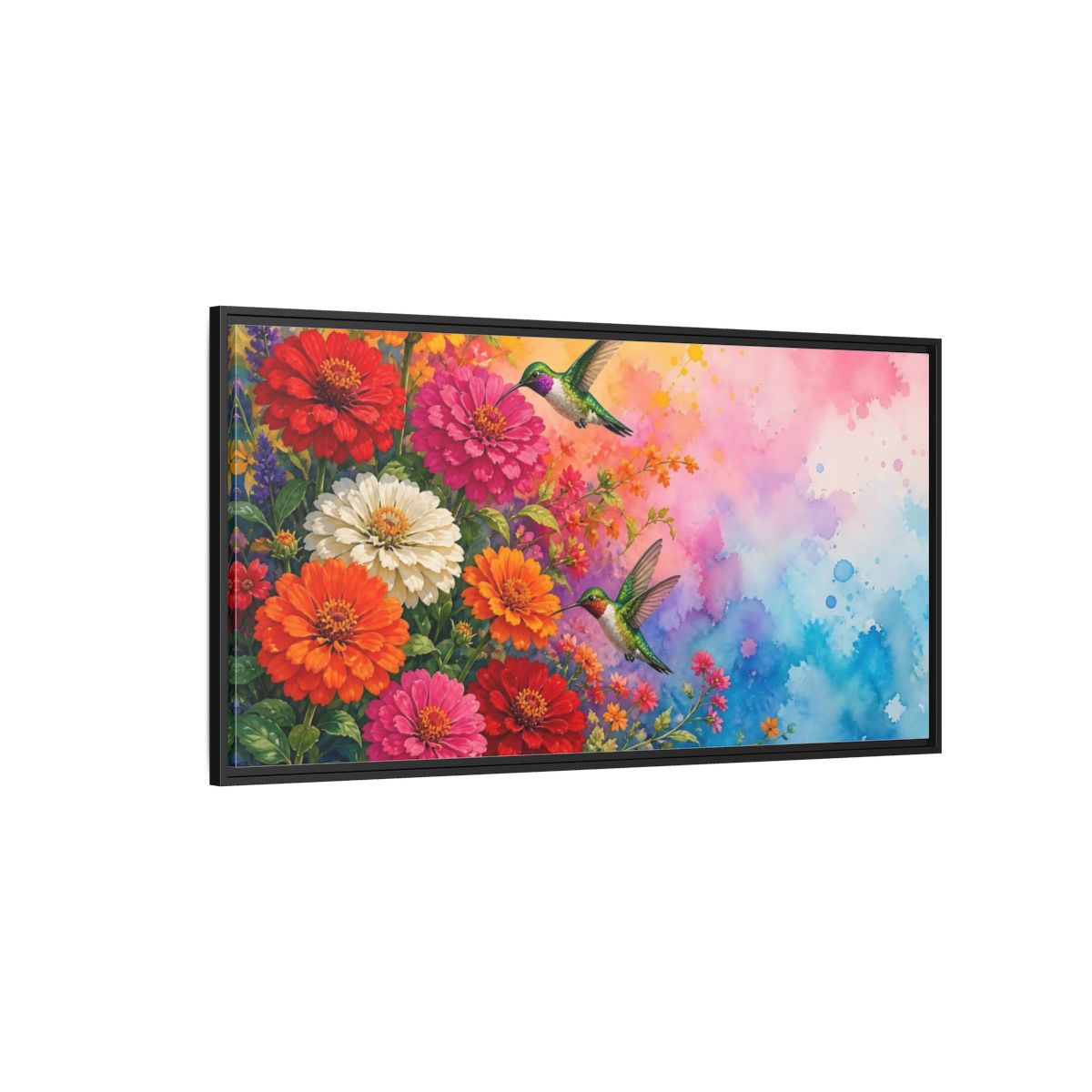Side Mockup 5. Hummingbirds In Bloom shown as framed canvas print