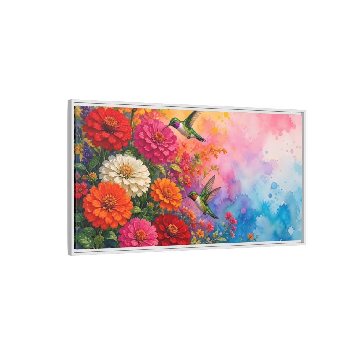 Side Mockup 3. Hummingbirds In Bloom shown as framed canvas print
