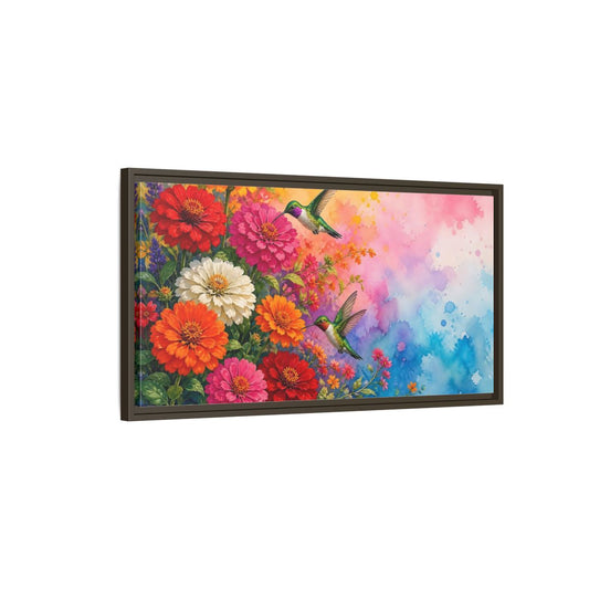Main Mockup. Hummingbirds In Bloom shown as framed canvas print