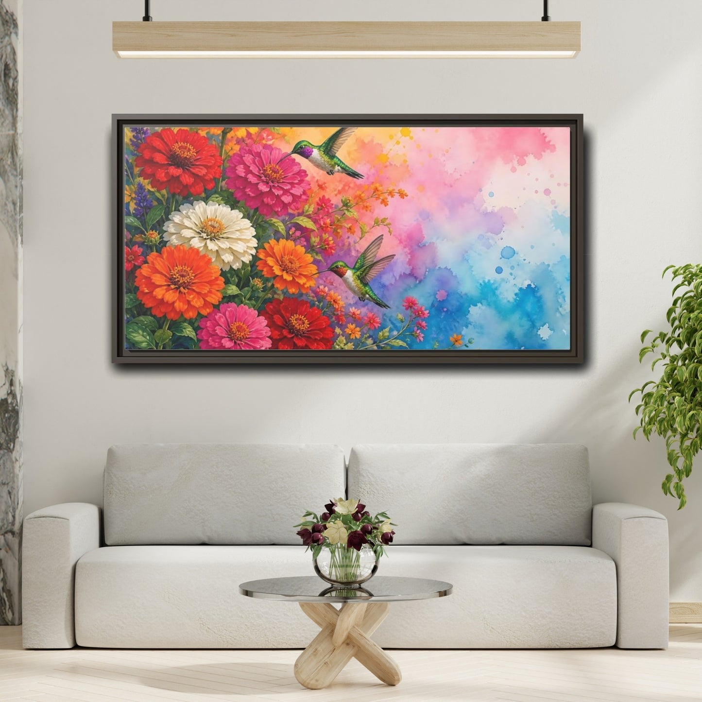 Mockup 2. Hummingbirds In Bloom shown as framed canvas print