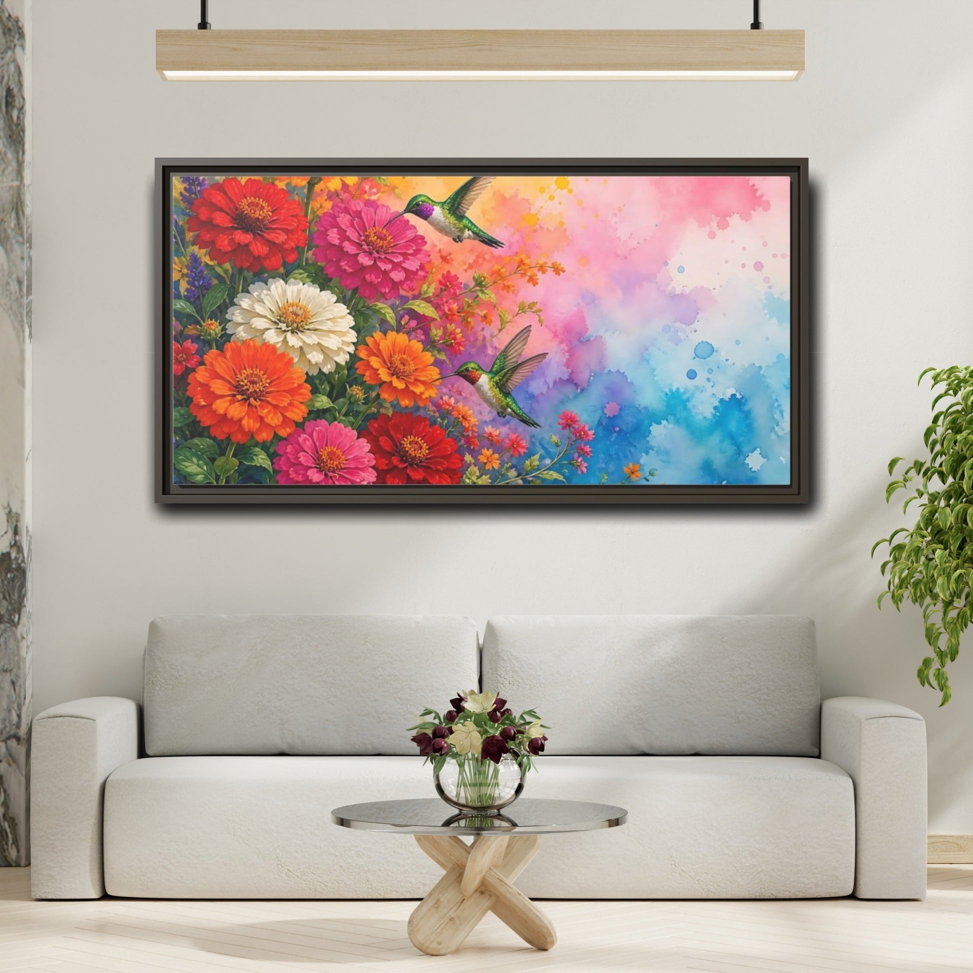 Mockup 2. Hummingbirds In Bloom shown as framed canvas print