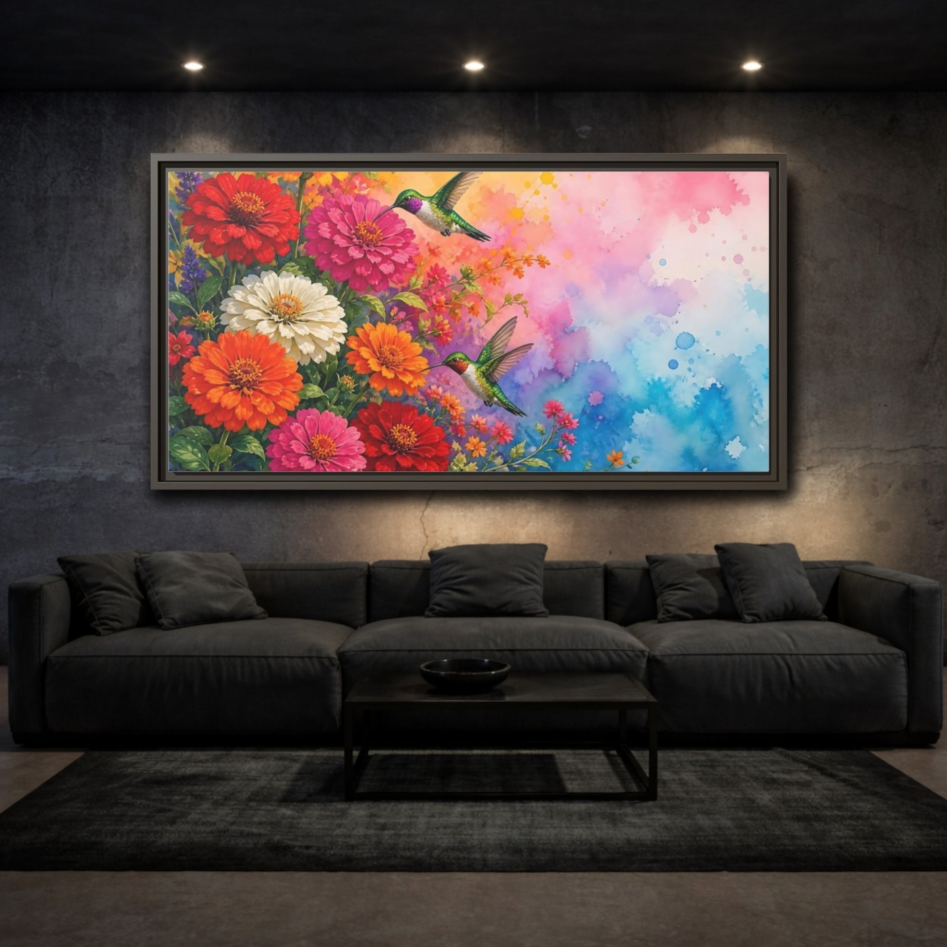 Mockup 3. Hummingbirds In Bloom shown as framed canvas print