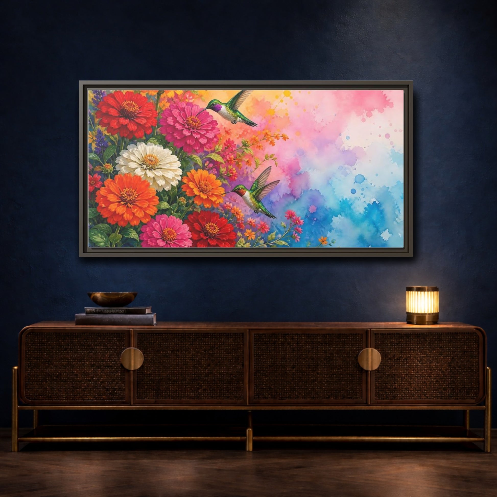 Mockup 4. Hummingbirds In Bloom shown as framed canvas print