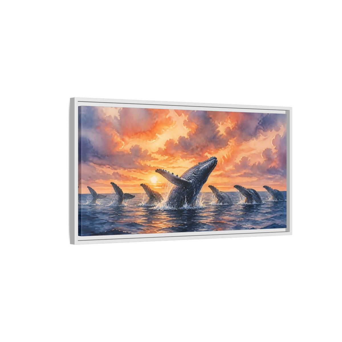 Side Mockup 1. Humpbacks At Sunset shown as framed canvas print