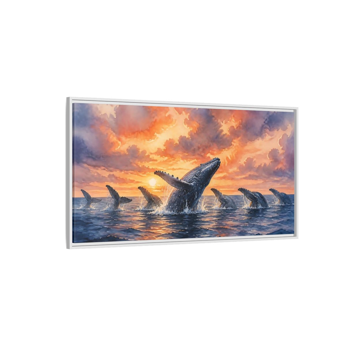 Side Mockup 3. Humpbacks At Sunset shown as framed canvas print