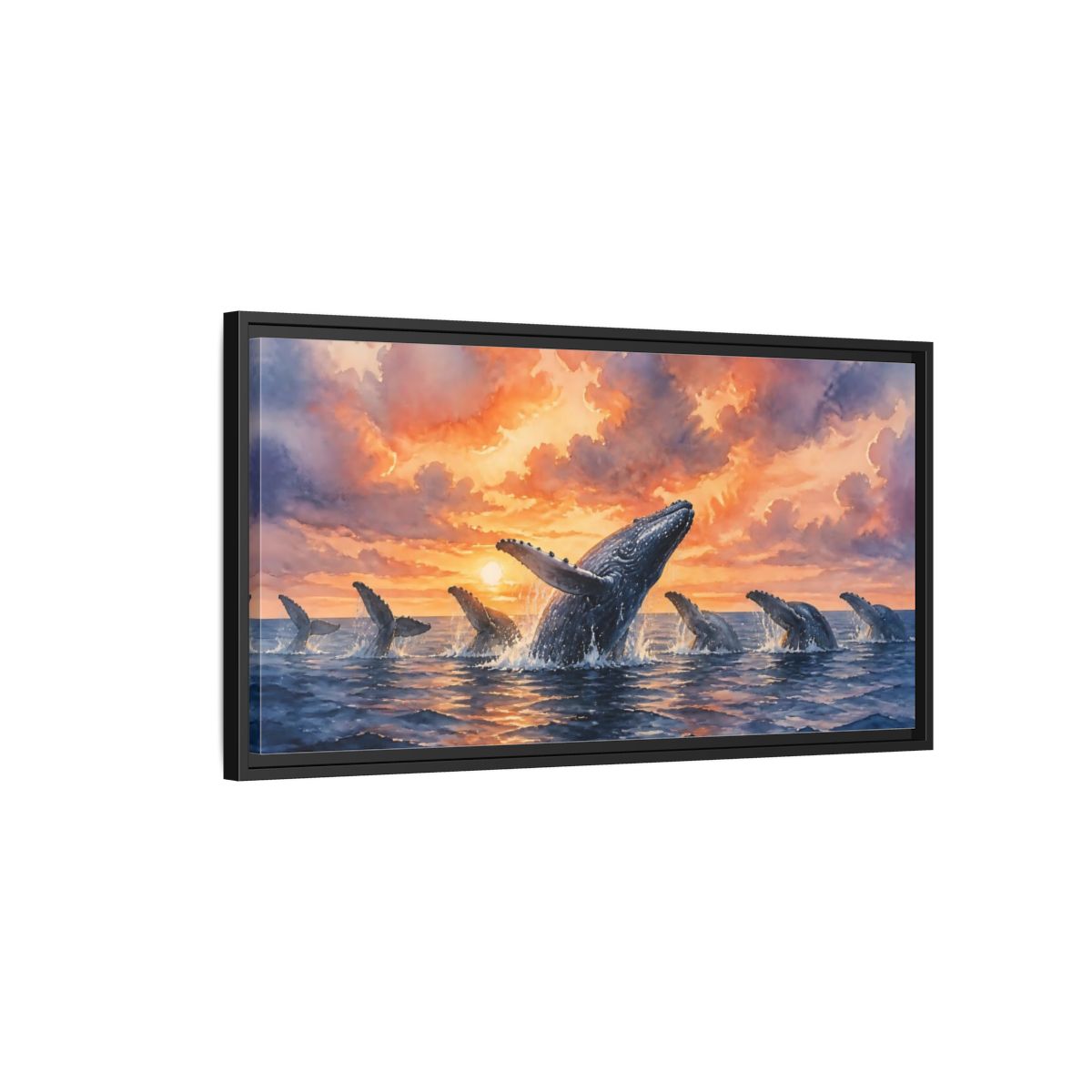 Side Mockup 2. Humpbacks At Sunset shown as framed canvas print
