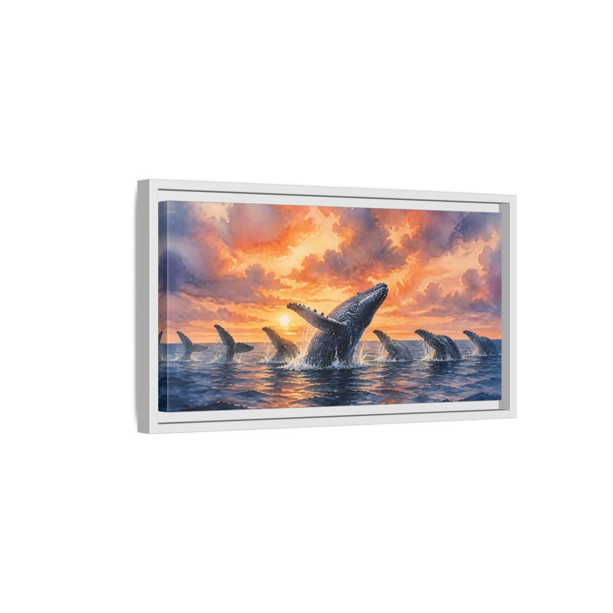 Side Mockup 6. Humpbacks At Sunset shown as framed canvas print