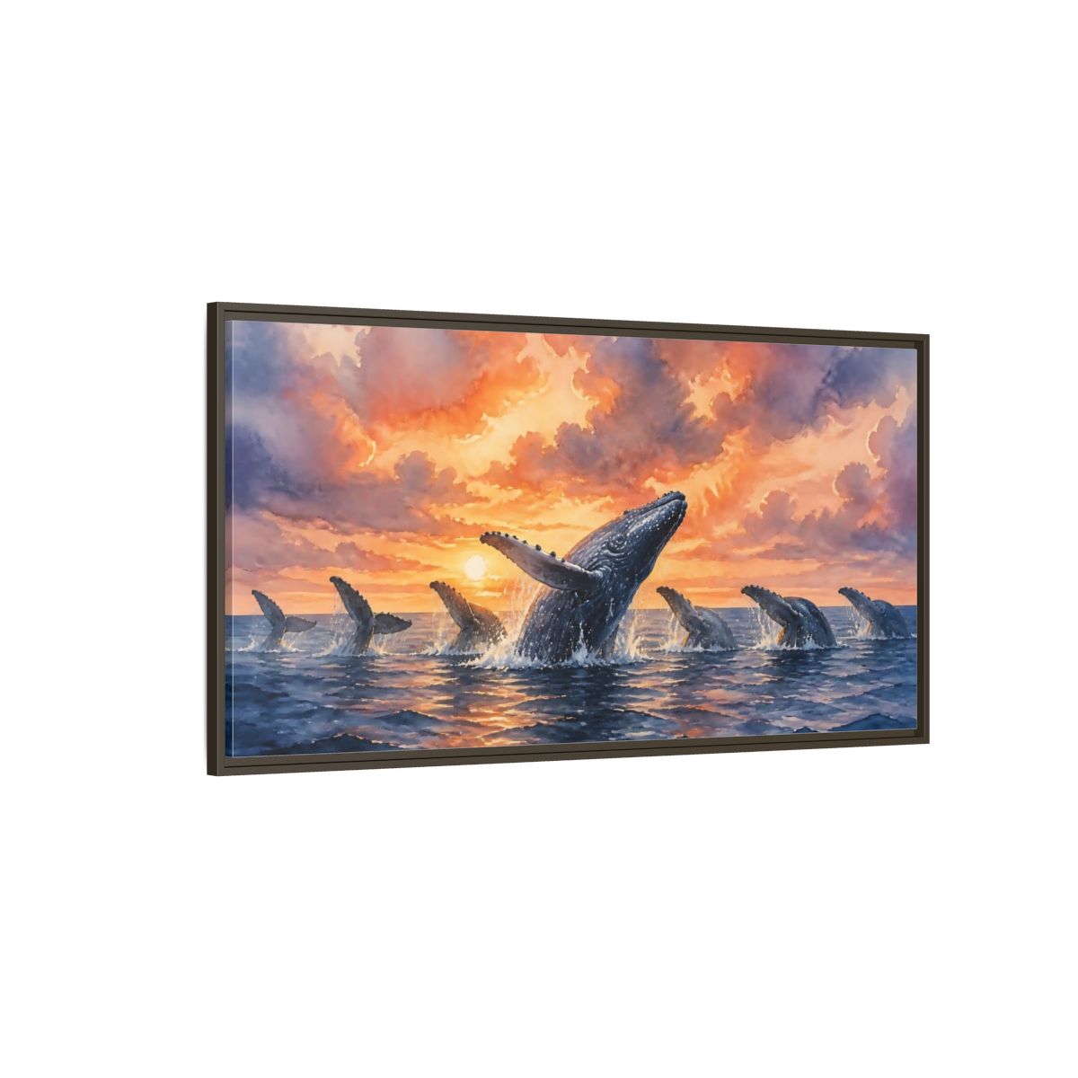 Side Mockup 4. Humpbacks At Sunset shown as framed canvas print