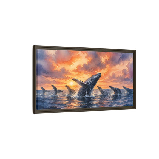 Main Mockup. Humpbacks At Sunset shown as framed canvas print