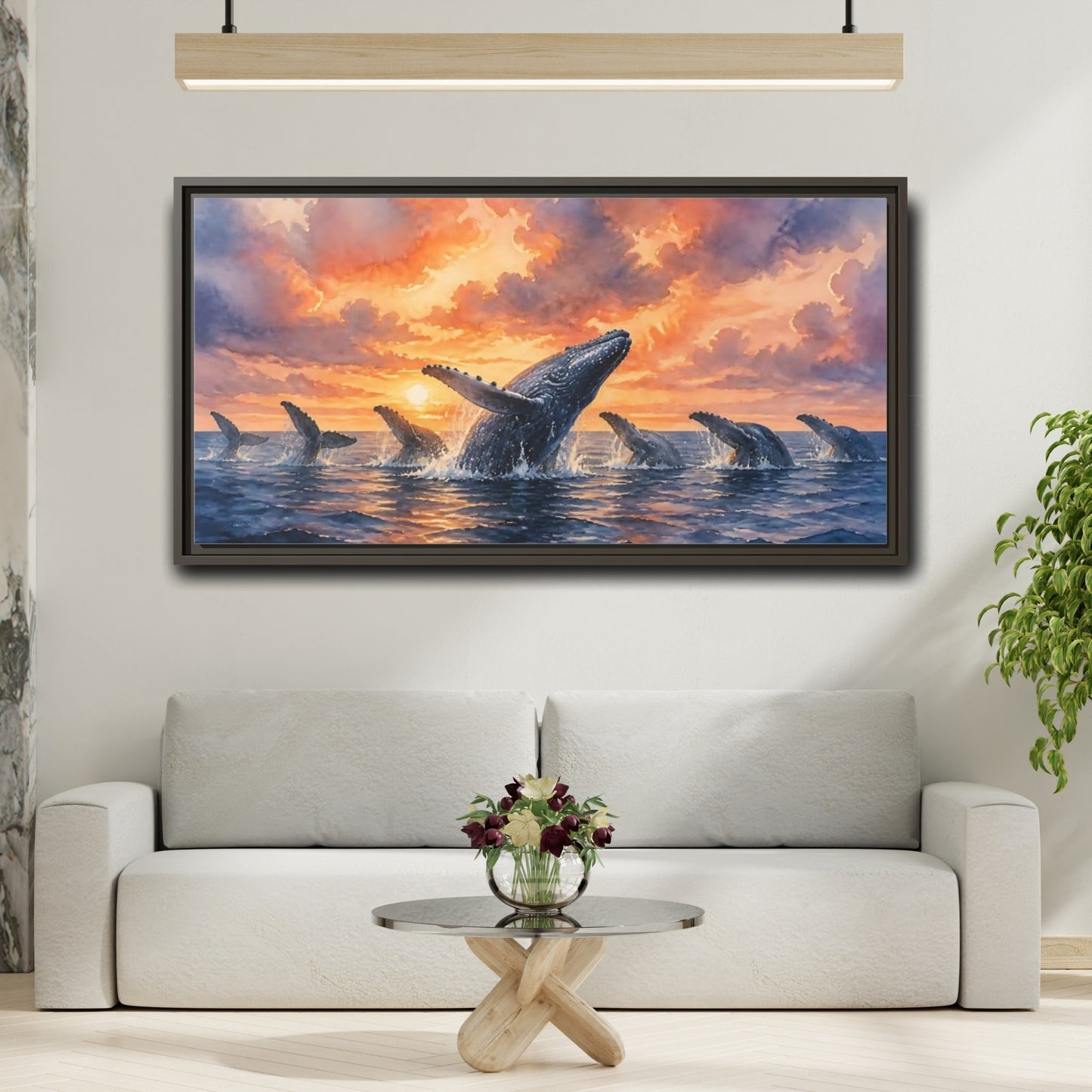 Mockup 2. Humpbacks At Sunset shown as framed canvas print