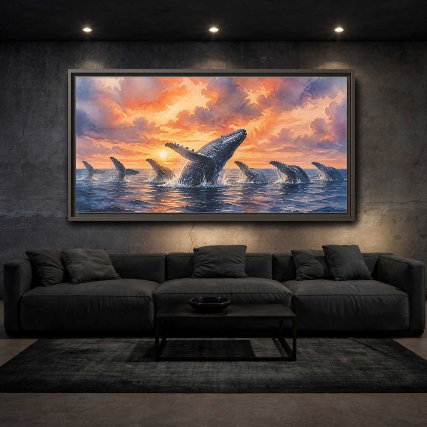 Mockup 3. Humpbacks At Sunset shown as framed canvas print
