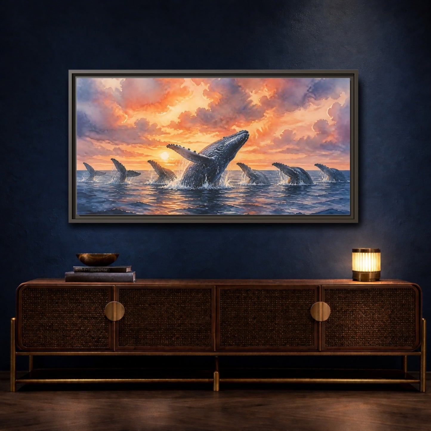 Mockup 4. Humpbacks At Sunset shown as framed canvas print