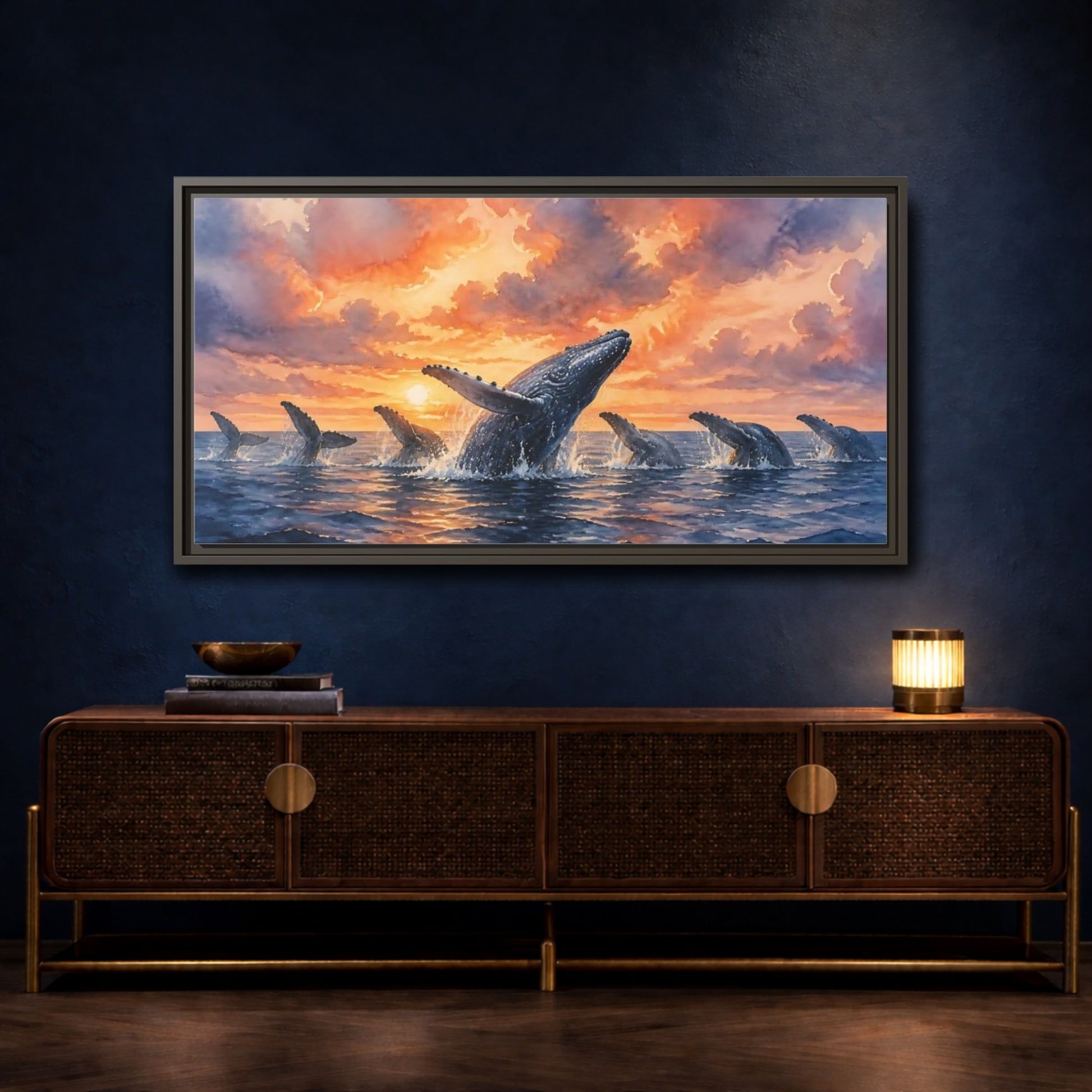 Mockup 4. Humpbacks At Sunset shown as framed canvas print