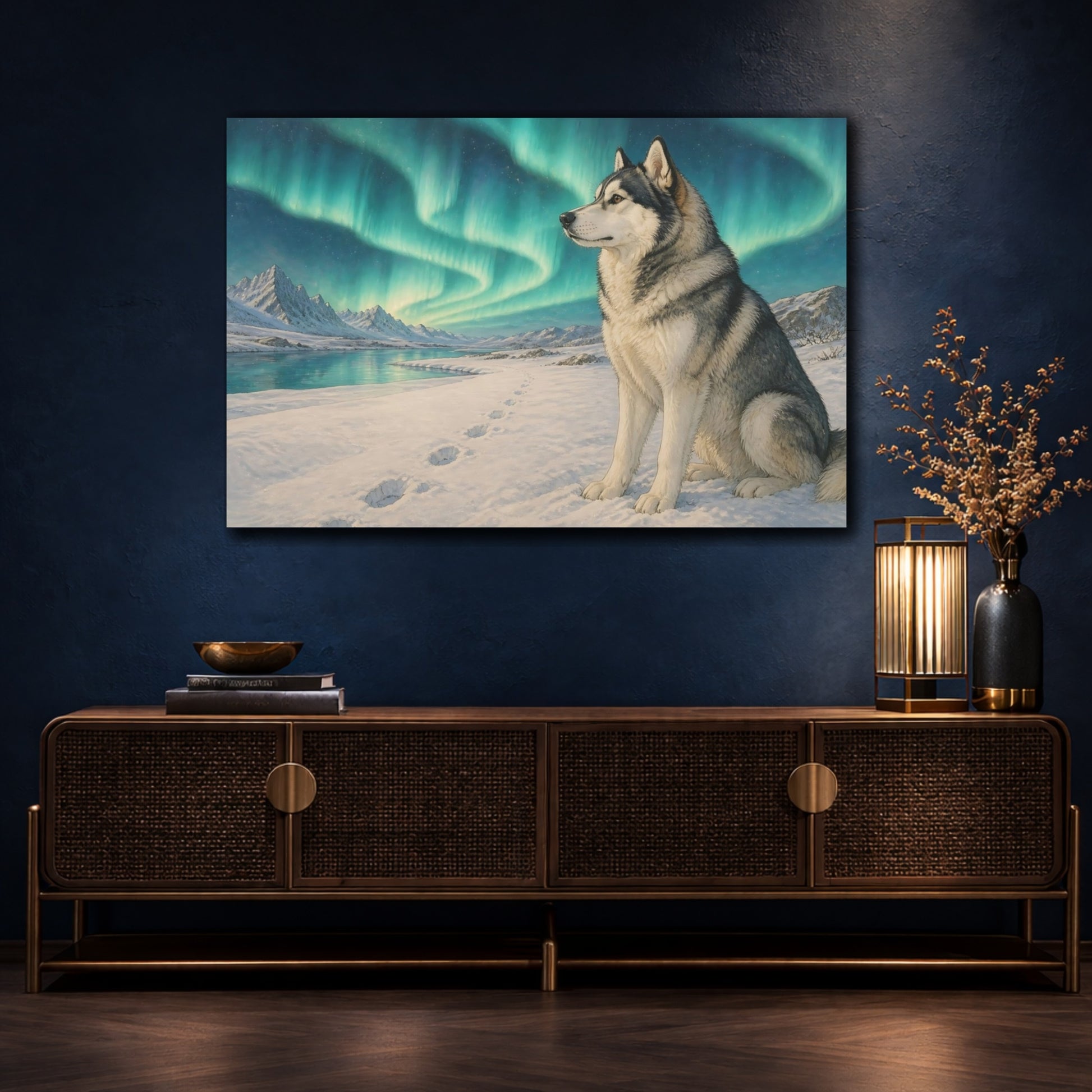 Mockup 4. Husky Pets Northern Lights shown as canvas print