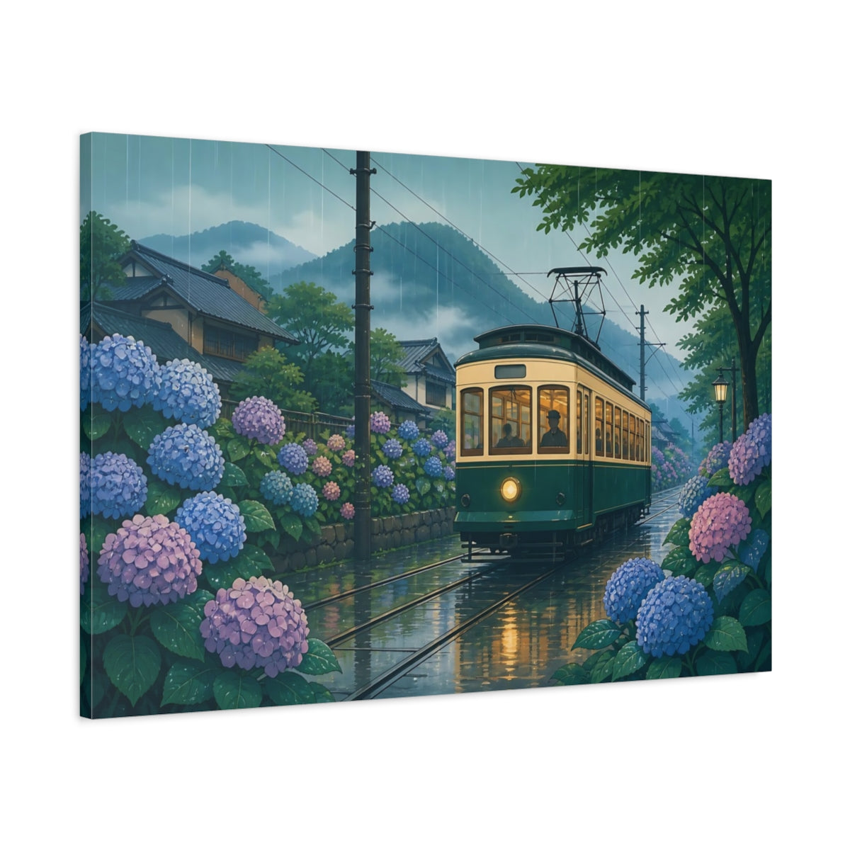 Main Mockup. Hydrangea Tram In Rain shown as canvas print