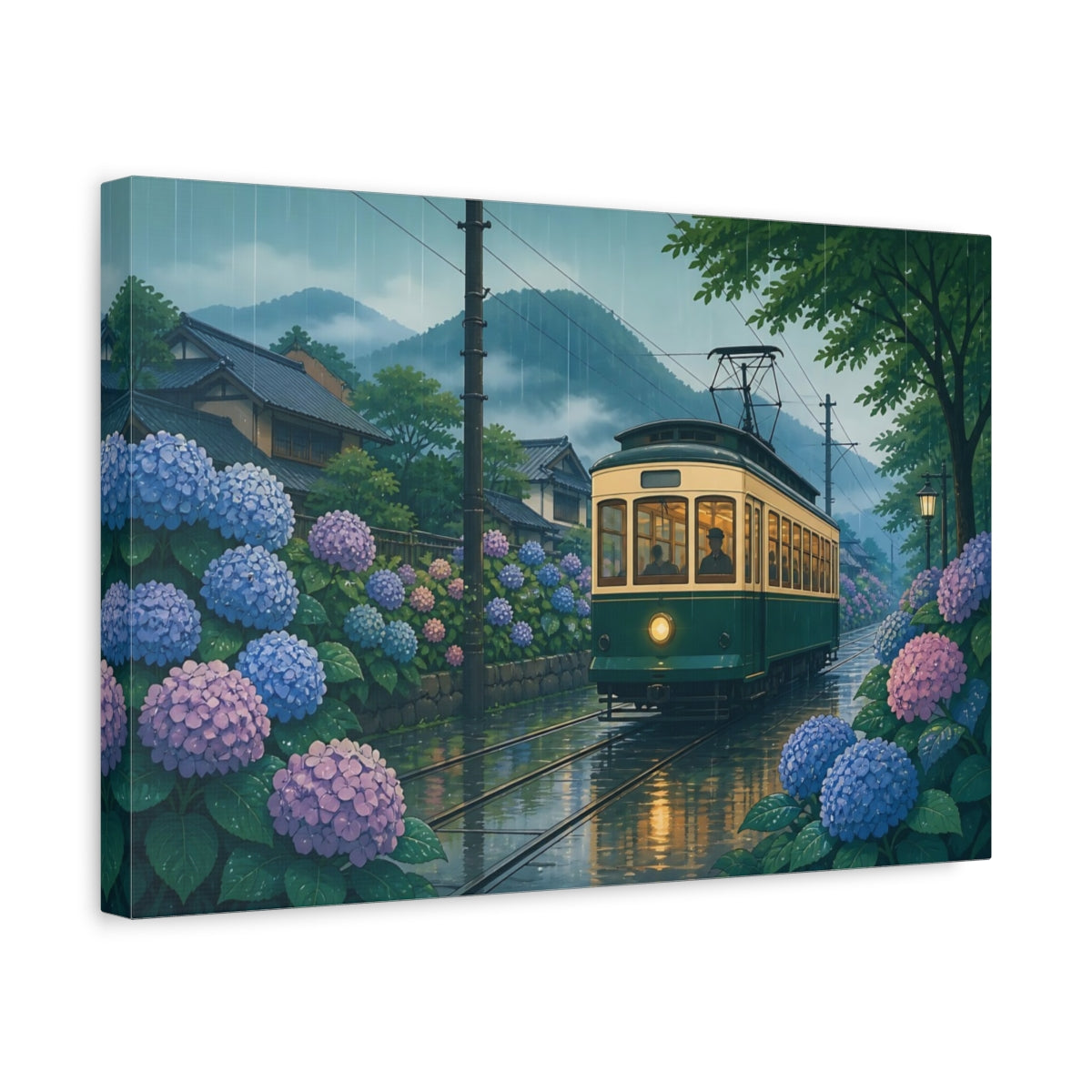Side Mockup 4. Hydrangea Tram In Rain shown as canvas print