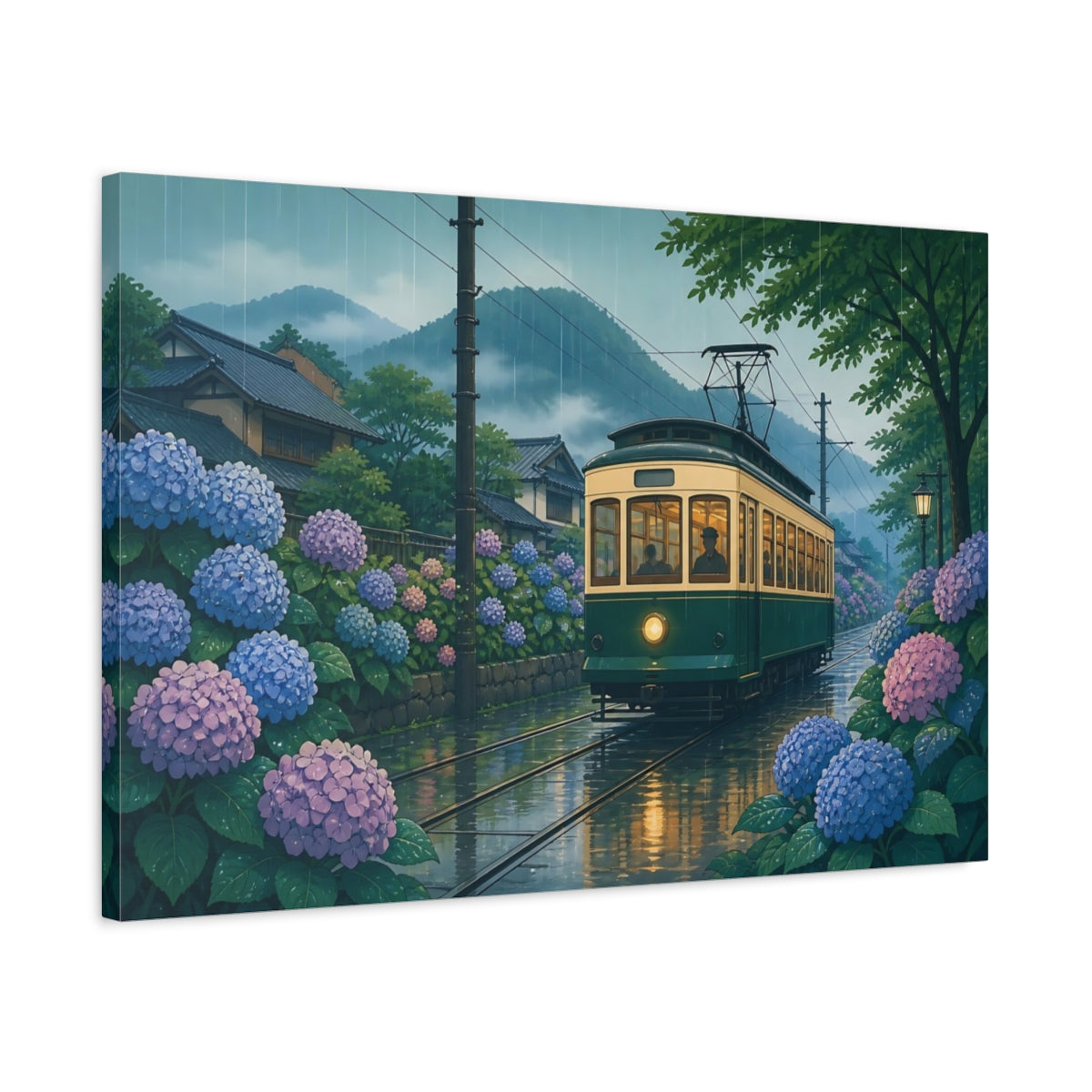 Side Mockup 2. Hydrangea Tram In Rain shown as canvas print