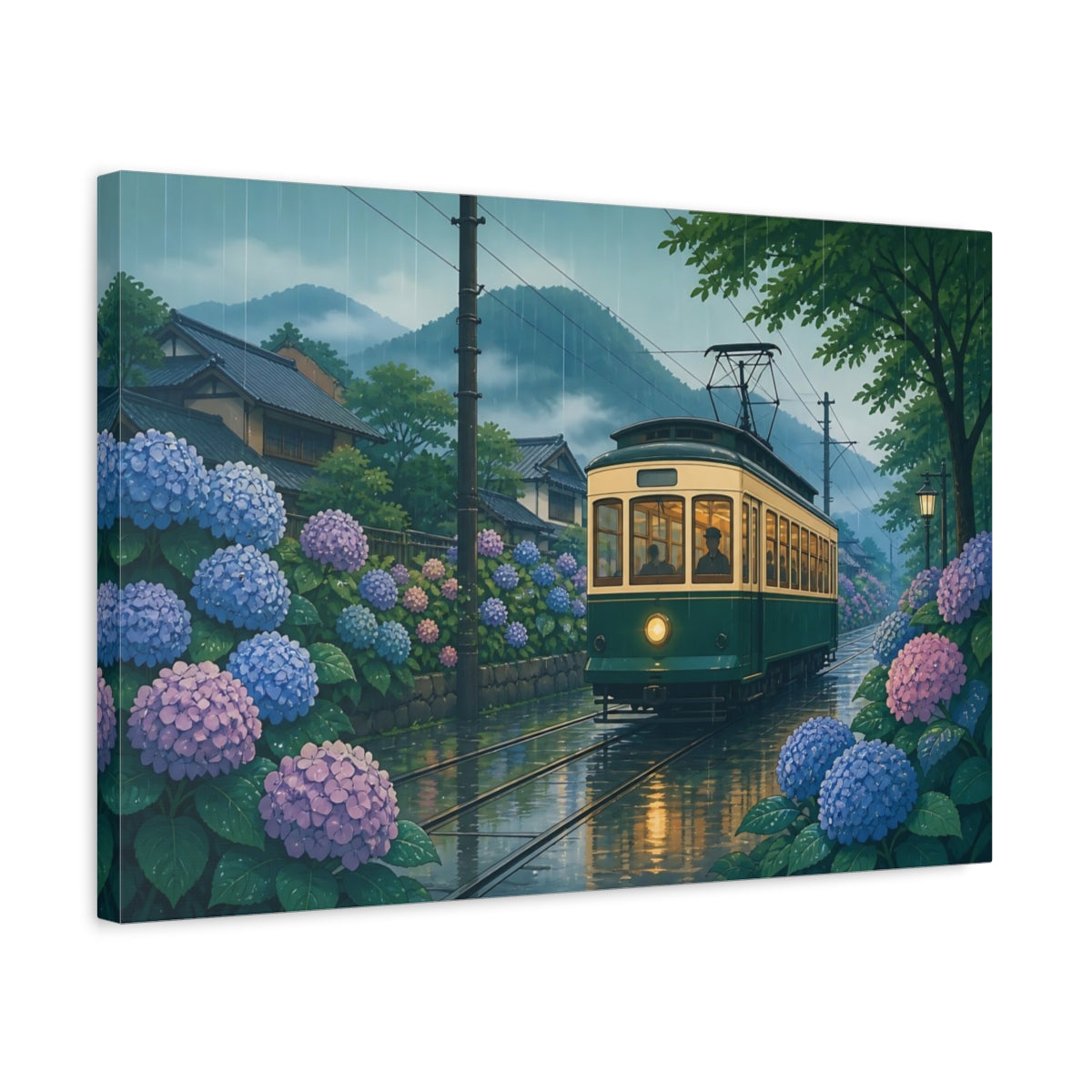 Side Mockup 3. Hydrangea Tram In Rain shown as canvas print