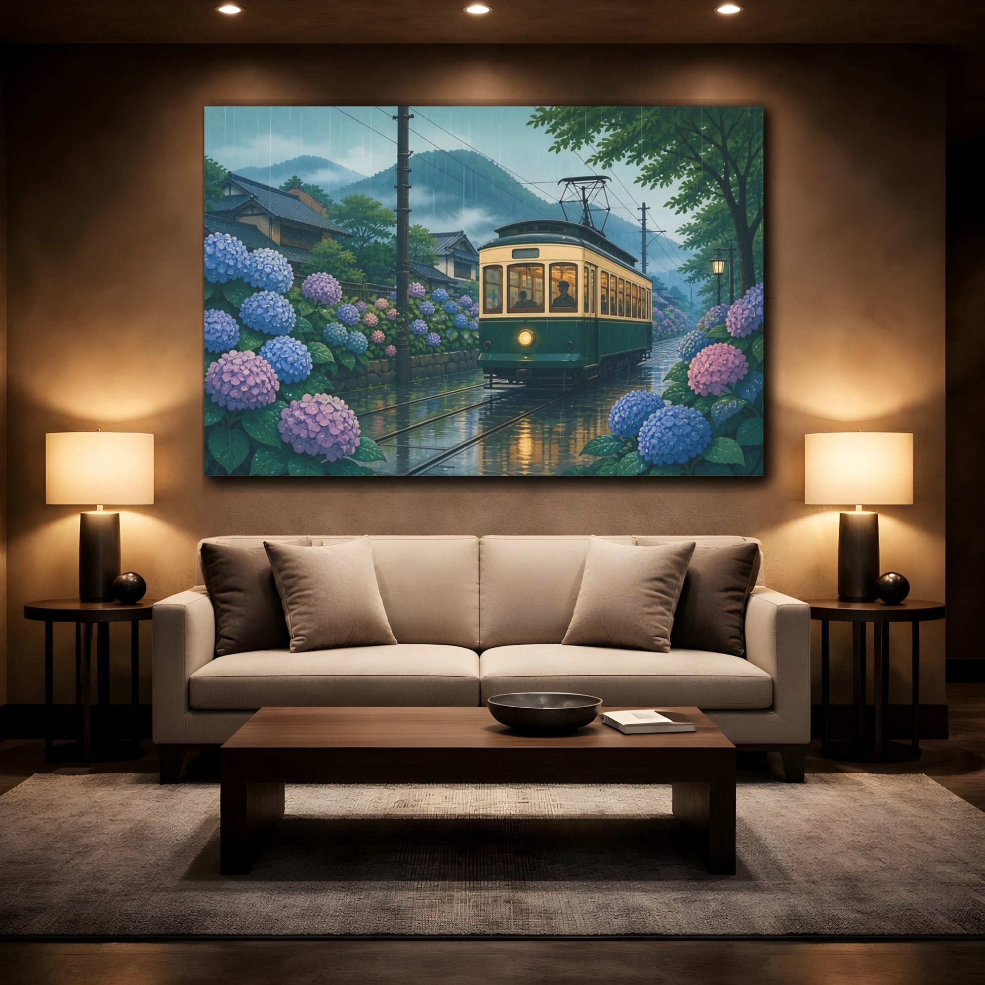 Mockup 2. Hydrangea Tram In Rain shown as canvas print
