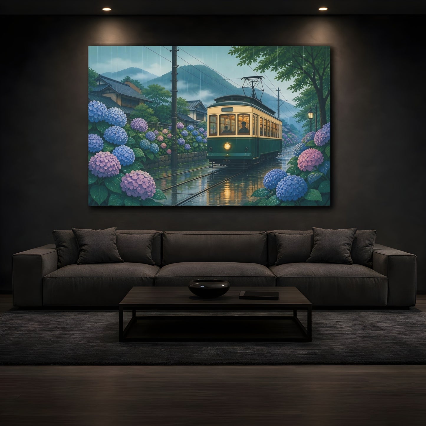 Mockup 3. Hydrangea Tram In Rain shown as canvas print