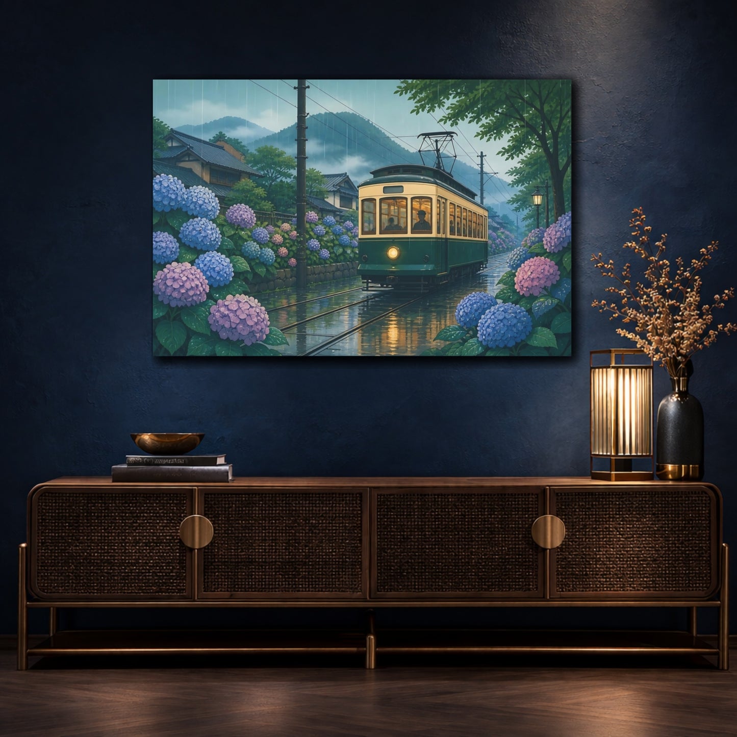 Mockup 4. Hydrangea Tram In Rain shown as canvas print