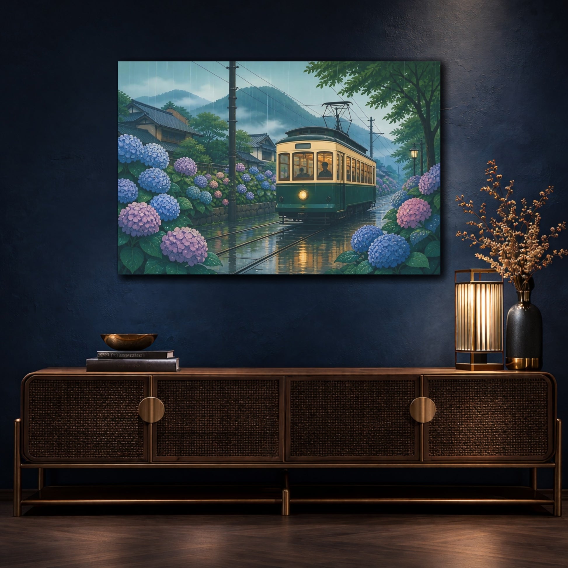 Mockup 4. Hydrangea Tram In Rain shown as canvas print