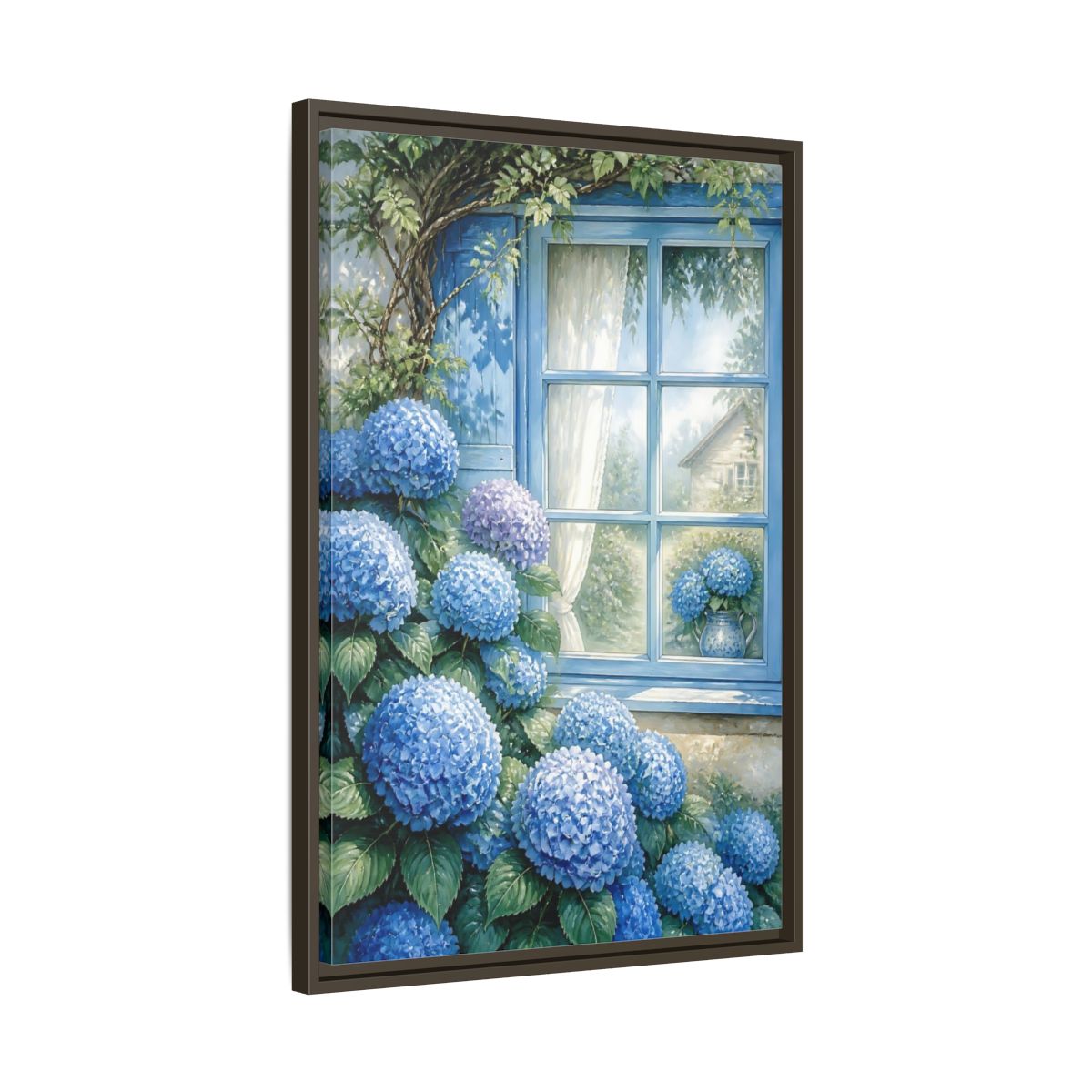 Side Mockup 11. Hydrangea Window Garden shown as framed canvas print