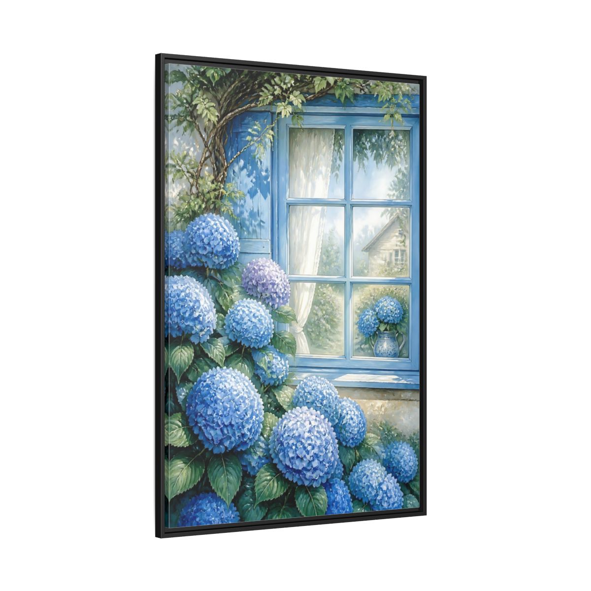 Side Mockup 12. Hydrangea Window Garden shown as framed canvas print