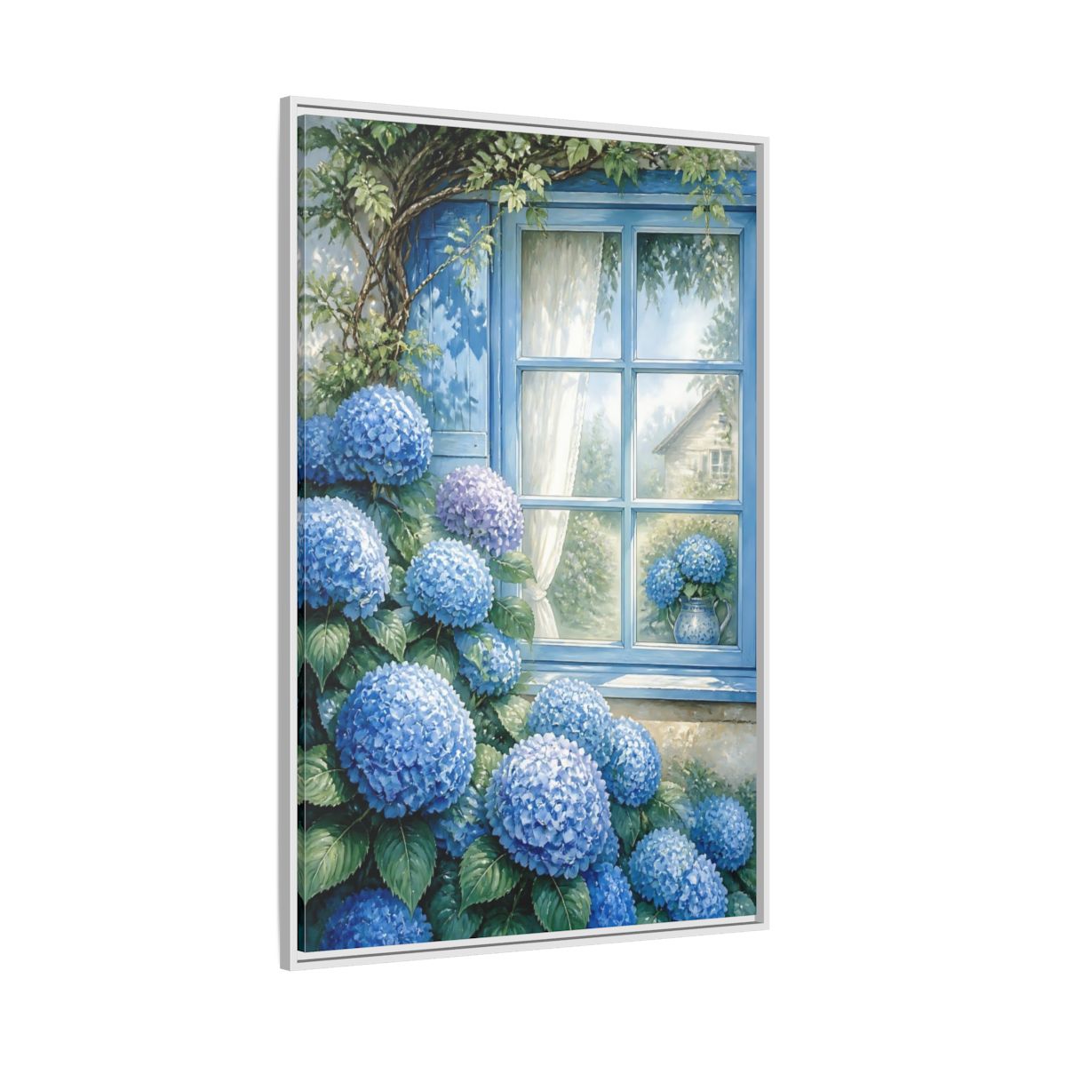 Side Mockup 7. Hydrangea Window Garden shown as framed canvas print