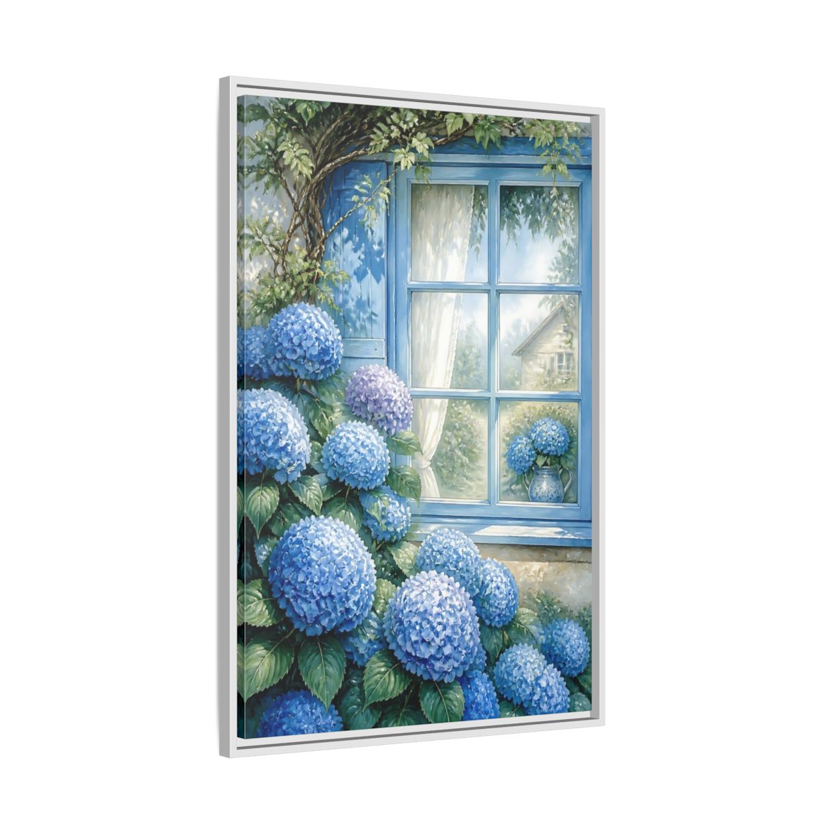 Side Mockup 9. Hydrangea Window Garden shown as framed canvas print