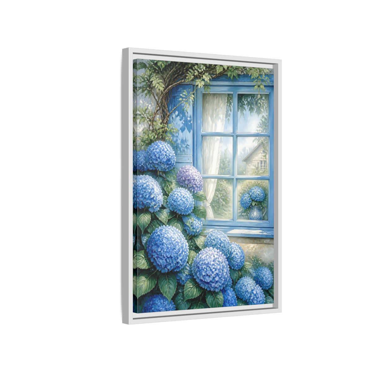 Side Mockup 1. Hydrangea Window Garden shown as framed canvas print