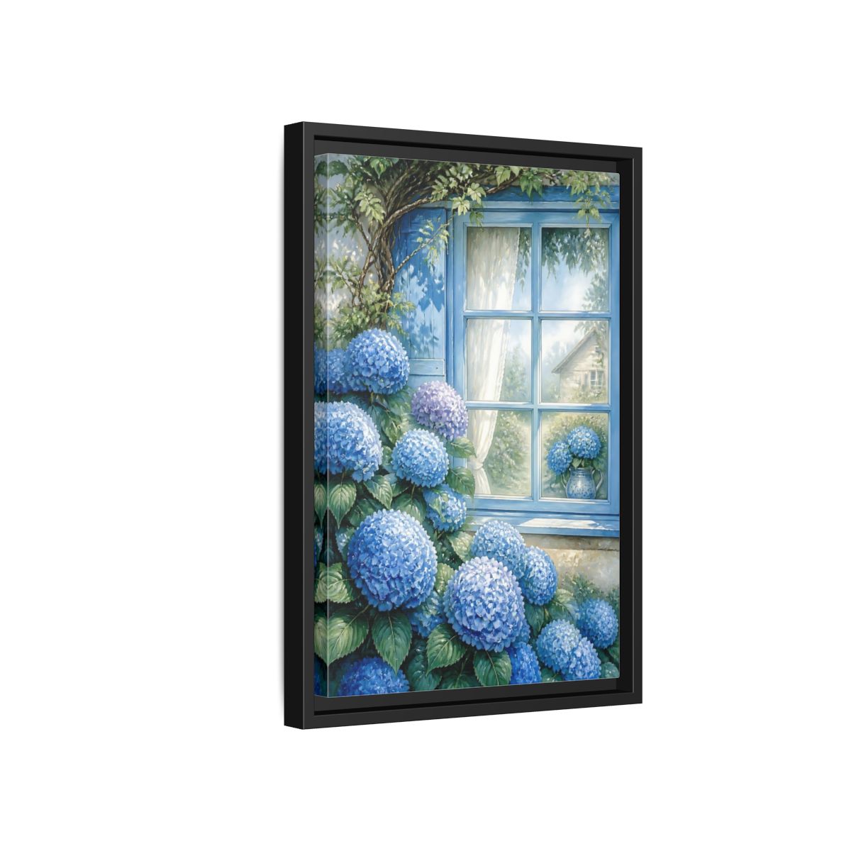 Side Mockup 6. Hydrangea Window Garden shown as framed canvas print