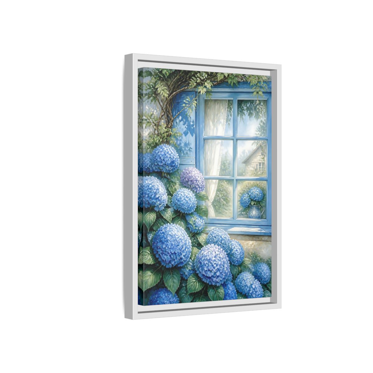 Side Mockup 4. Hydrangea Window Garden shown as framed canvas print
