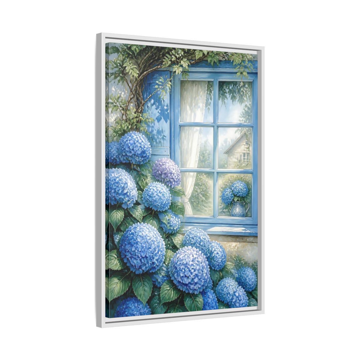 Side Mockup 10. Hydrangea Window Garden shown as framed canvas print