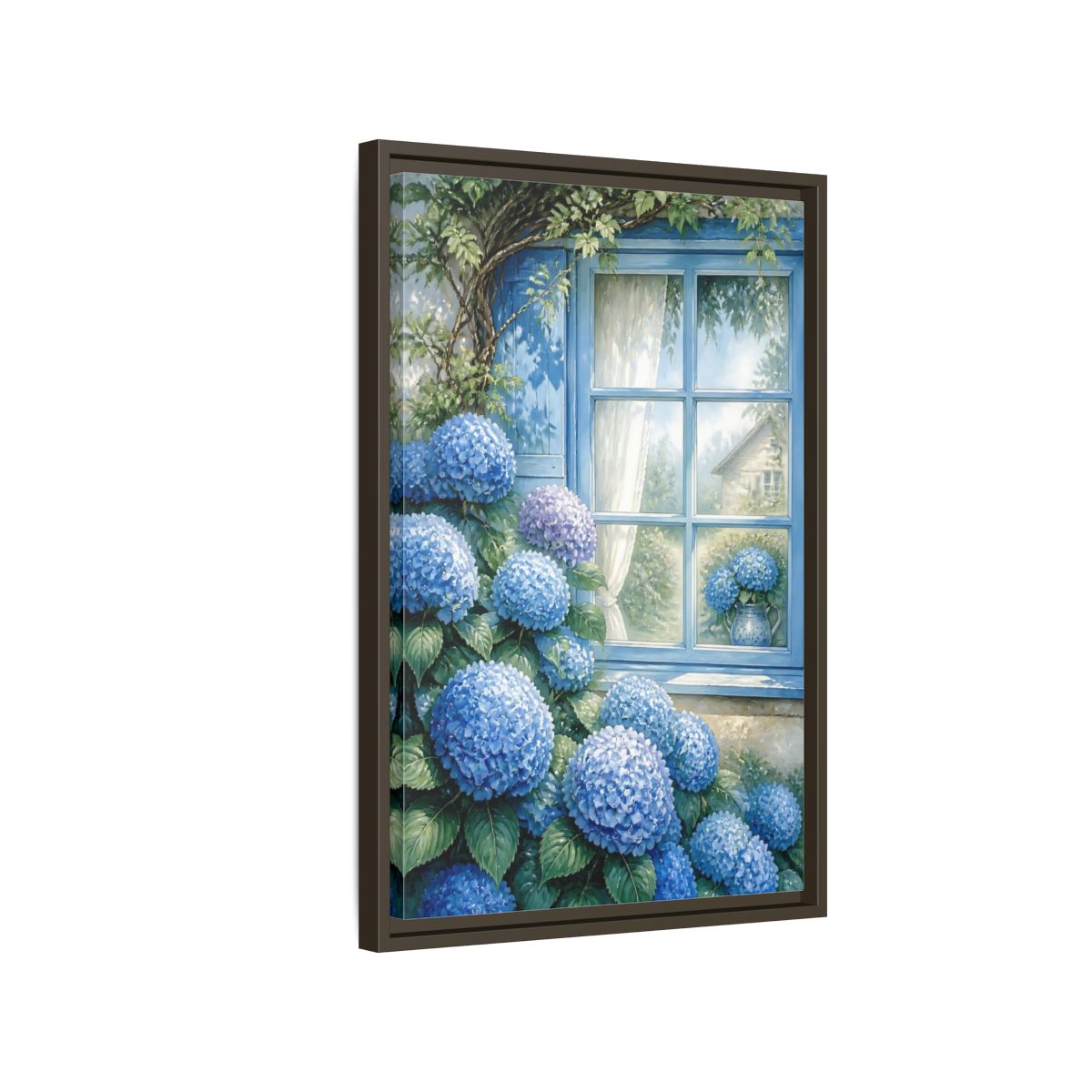 Side Mockup 2. Hydrangea Window Garden shown as framed canvas print